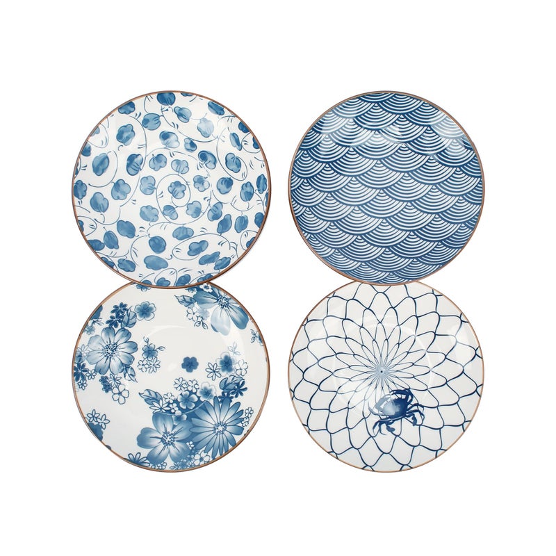 YALONG Small Ceramic Salad Plates Set of 4, 7 Inch (13oz) Japanese Appetizer Plates for Sushi Snacks, Dessert Plates for Cake Fruit, Blue & White Dinnerware, Microwave Dishwasher Safe - Image 1